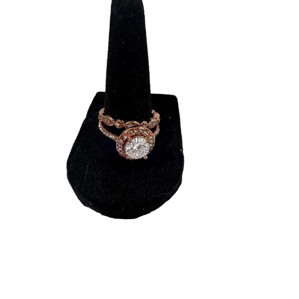 Rose Gold Tone CZ Halo Ring + Matching Band Set Size 8 Costume Jewelry